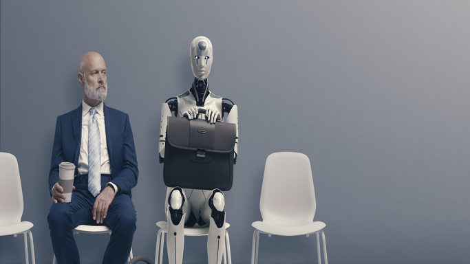 Salle d'attente avec un humain et un robot